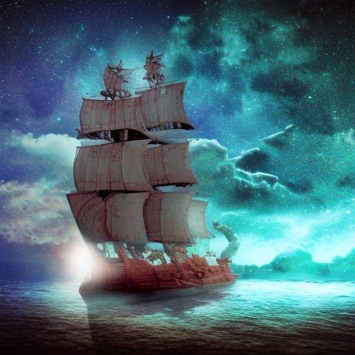 Pirate Ship on Mystical Sea Under Galaxy Sky