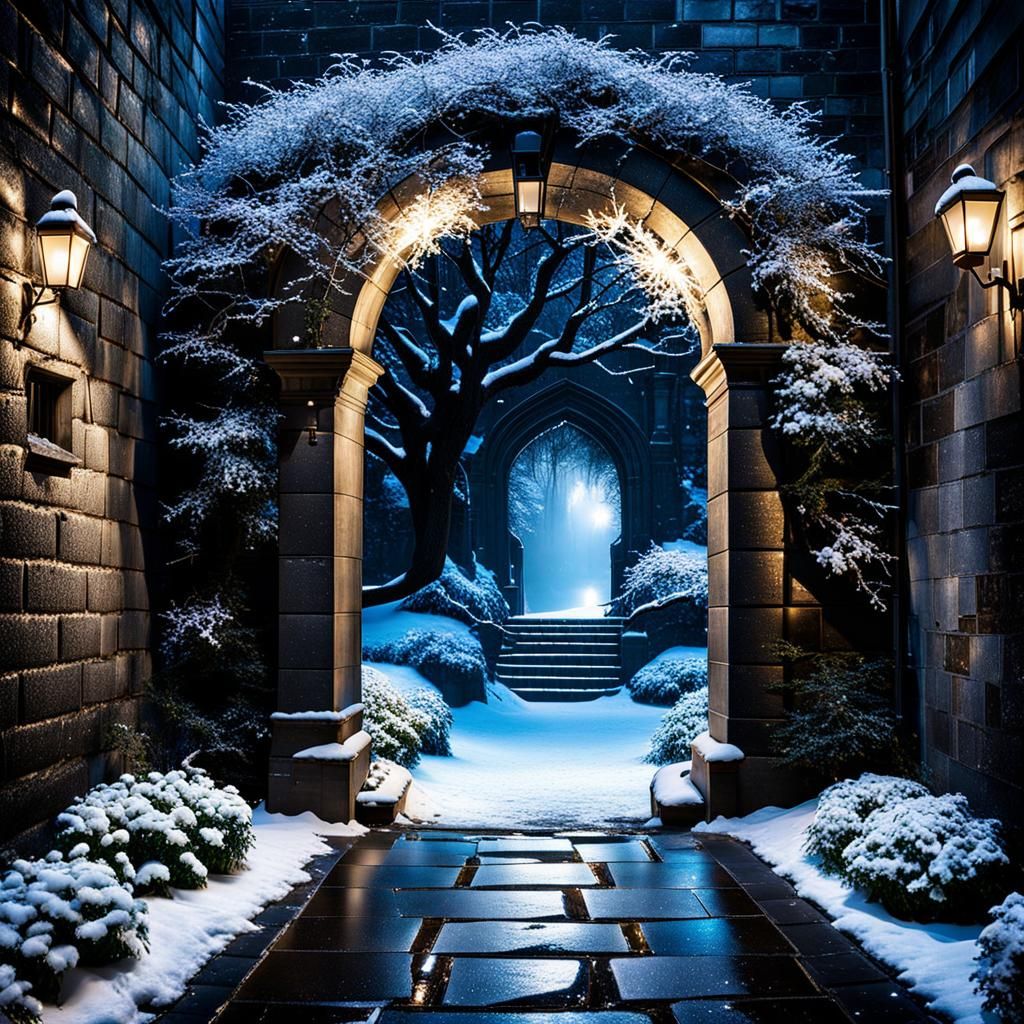 Winter wonderland portal in a dimly lit alleyway at the Gian...
