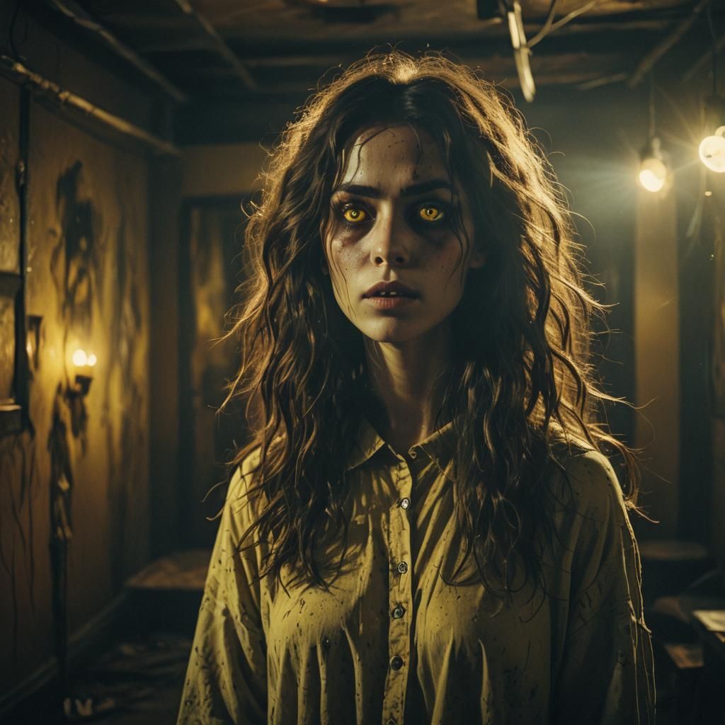 Ghostly Woman in Dim Room, Mixed Media Art