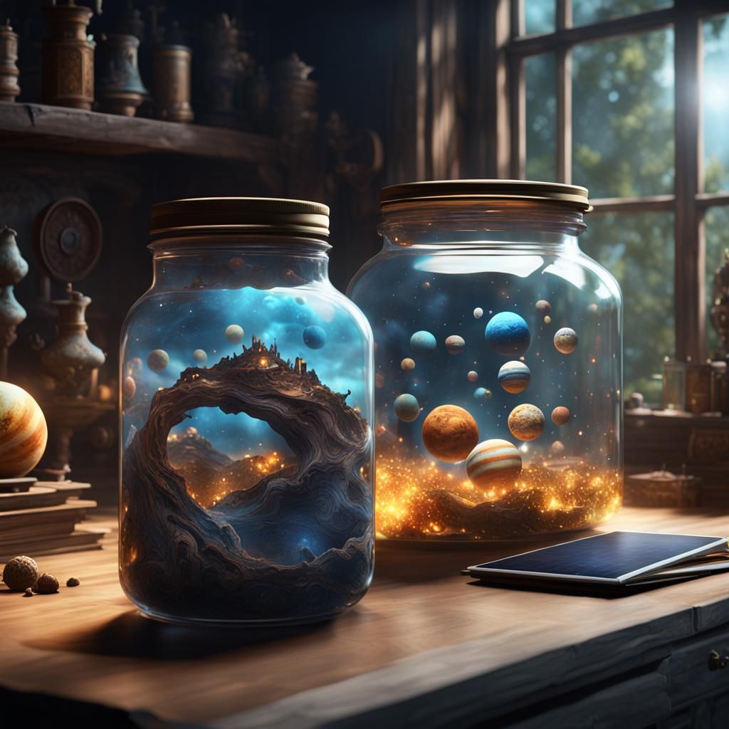 Miniature Solar System Watched Over in Glass Jar