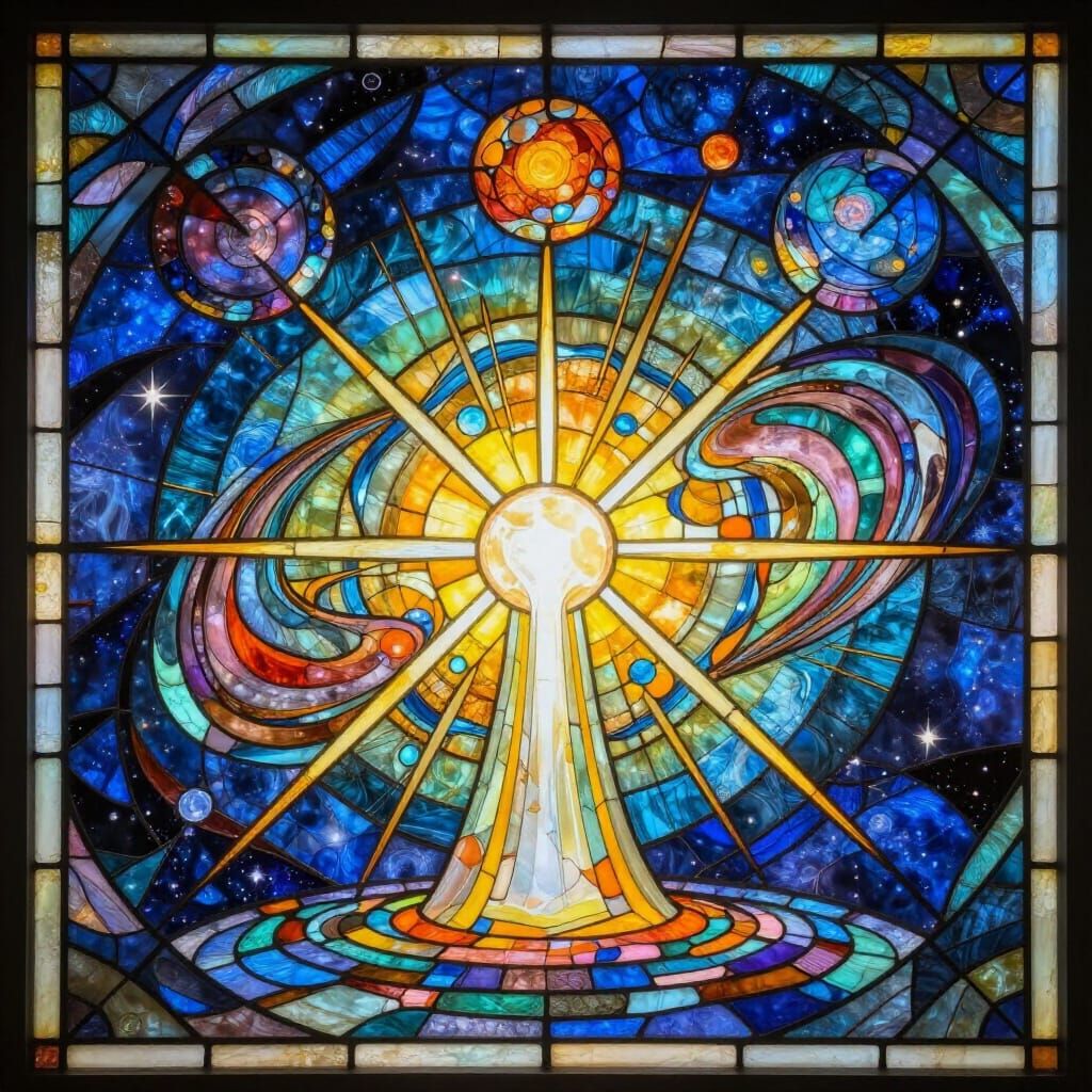 Cosmic Font of Creation in Luminous Stained Glass Style