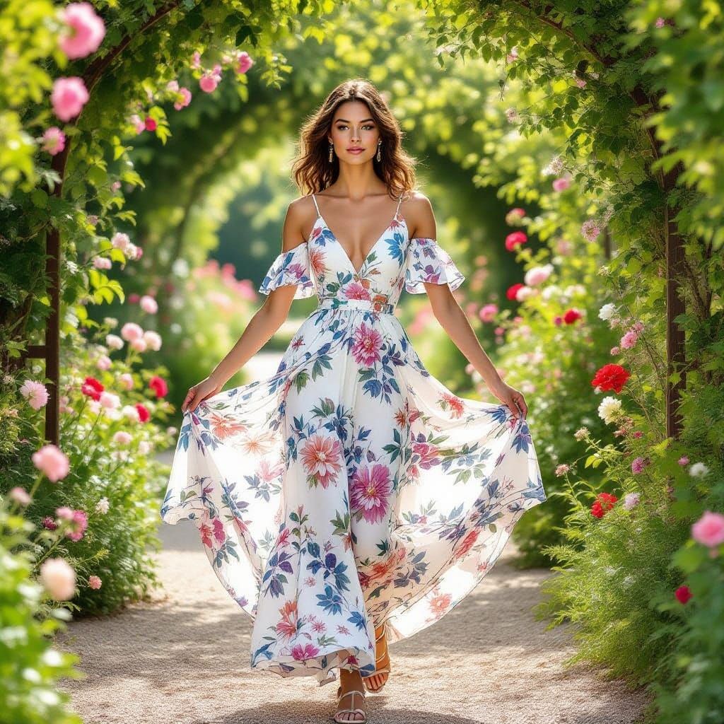 Ethereal European Woman in Floral Robe, Dancing with Delicat...