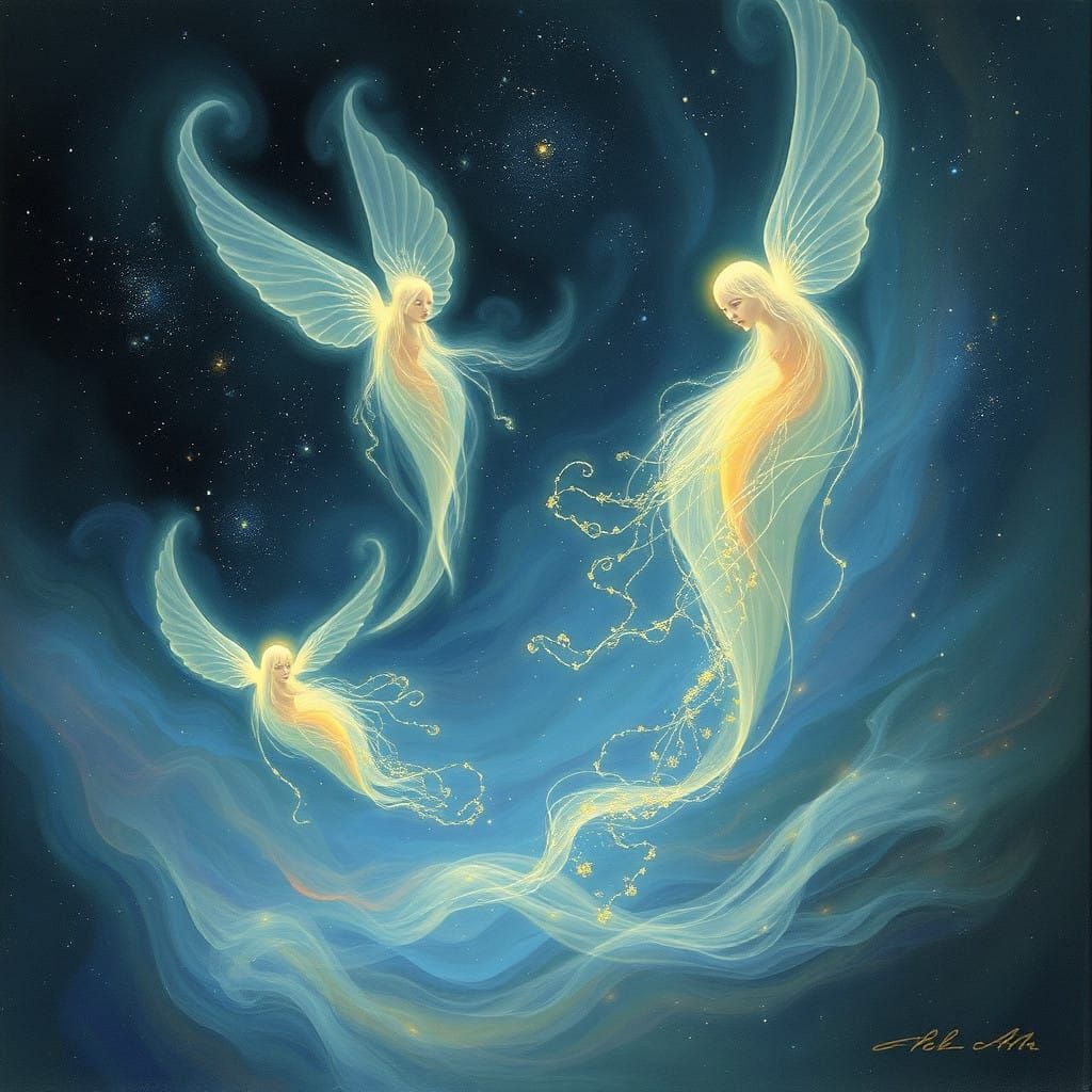 Dreamy Cosmic Beings in a Starry Galaxy Landscape