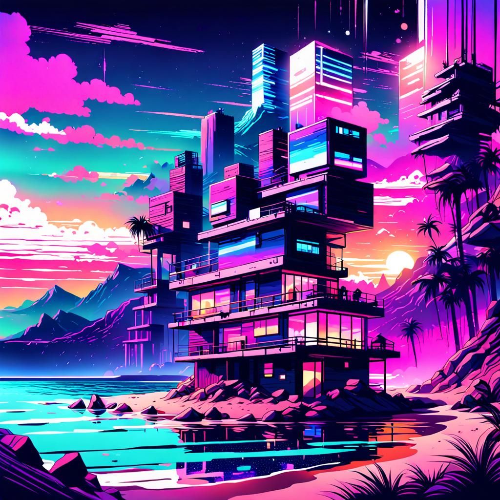 Glitchcore City Meets Cabin: Futuristic Beachscape