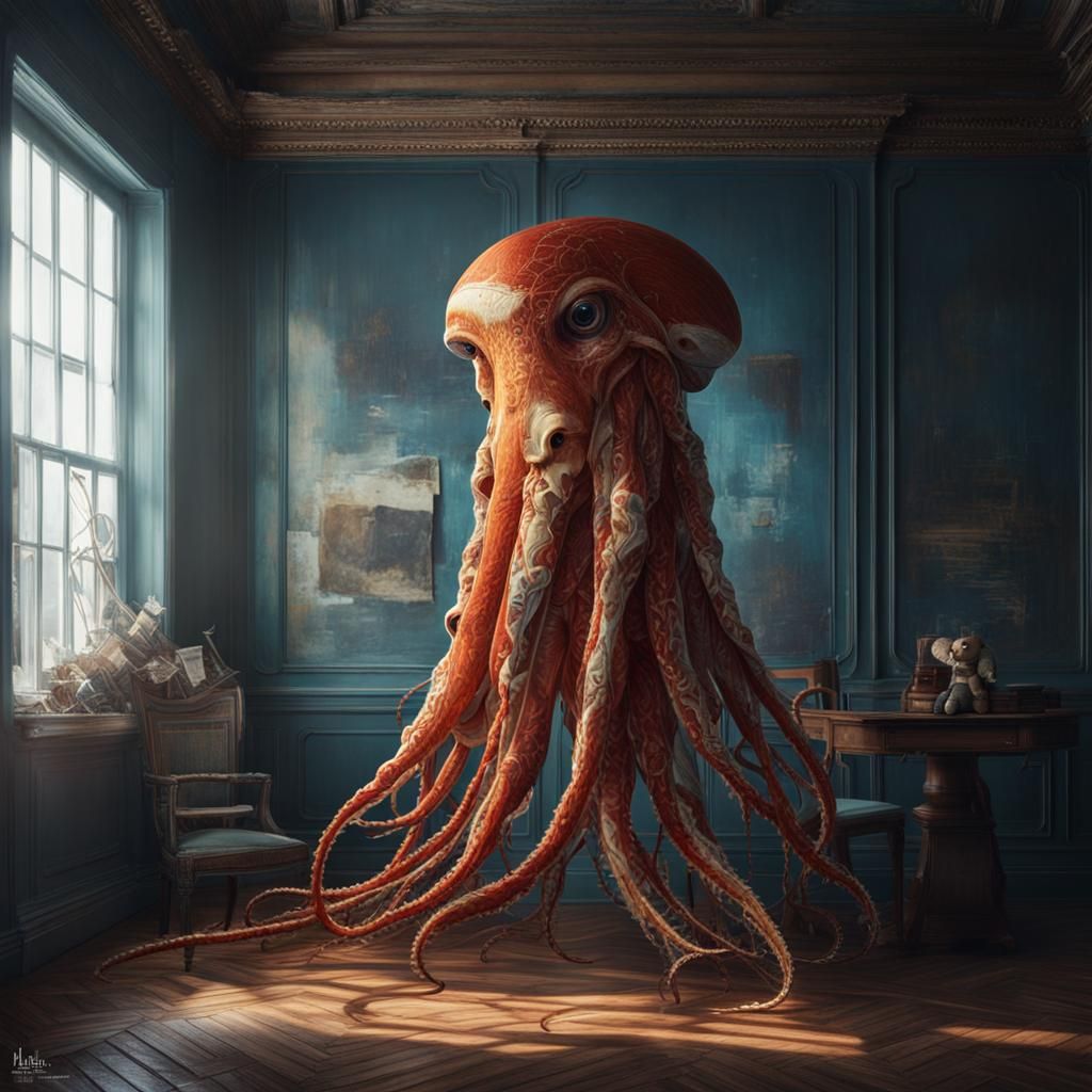 Giant Squid Hugging Teddy Bear in Hyperrealistic Style