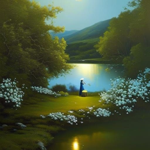 Dreamlike Countryside Scene with Floral Moon