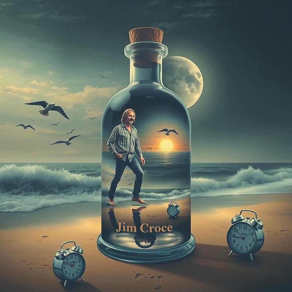 Time in a bottle with Jim Croce wearing his signature mustac...