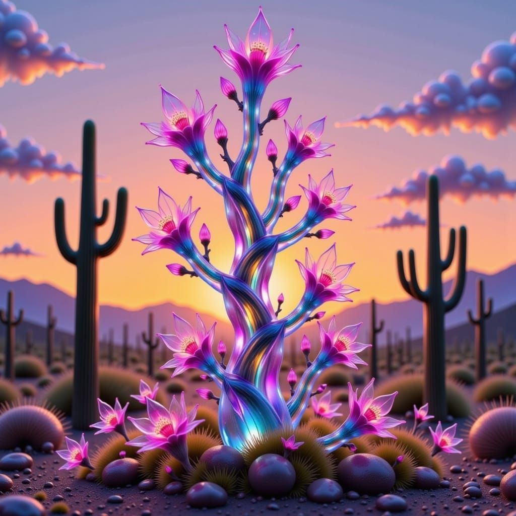 Surreal Crystal Cactus Blooms in Vibrant Sunset Desert Lands...
