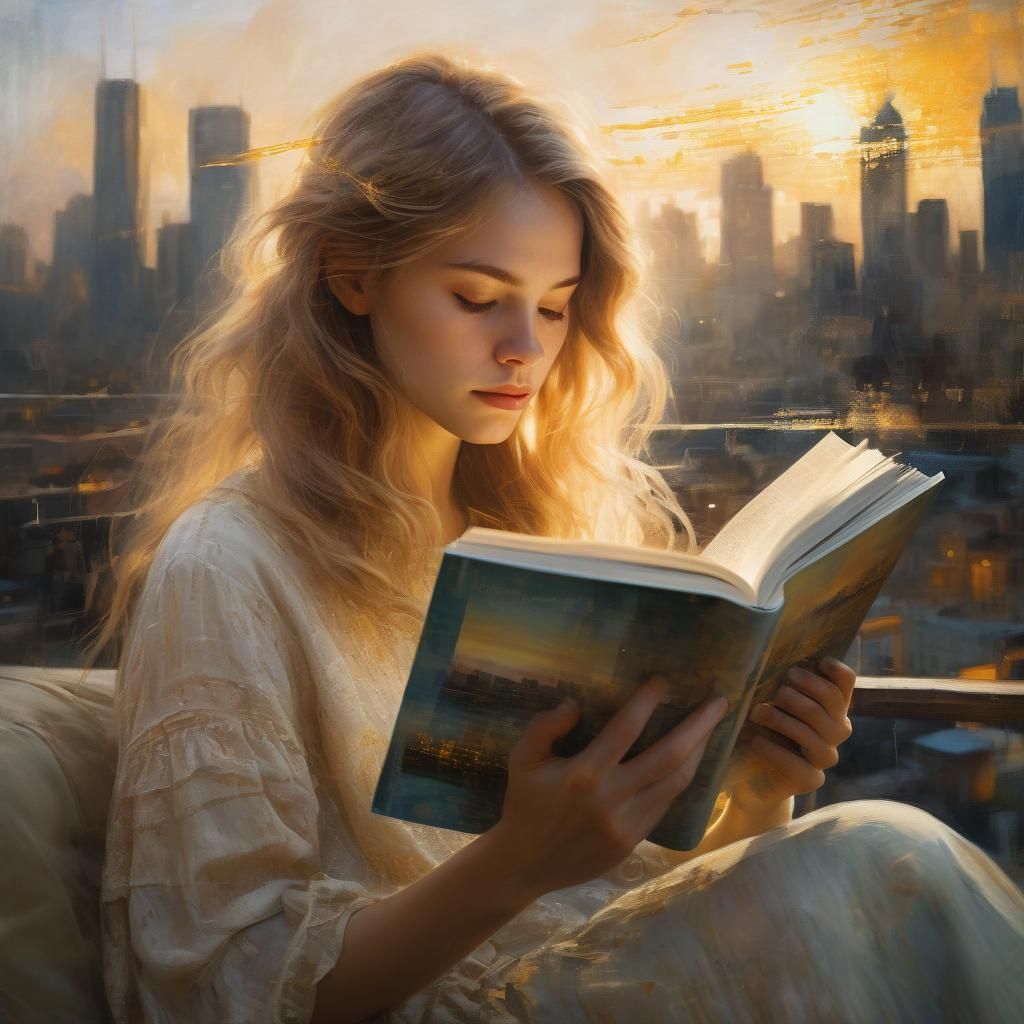 Dreamy Double Exposure: Woman Reading in Cityscape