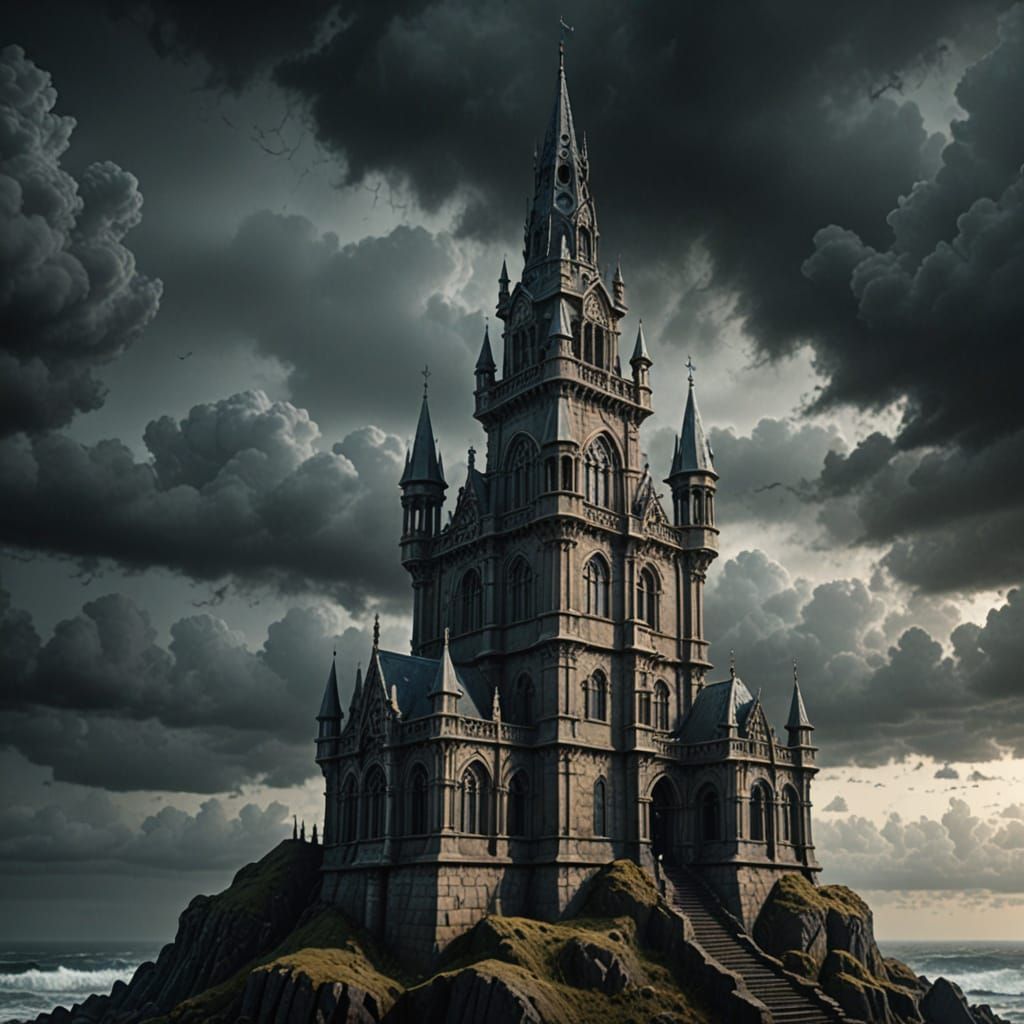 Gothic Gray Spire Tower in Eerie Atmospheric Perspective