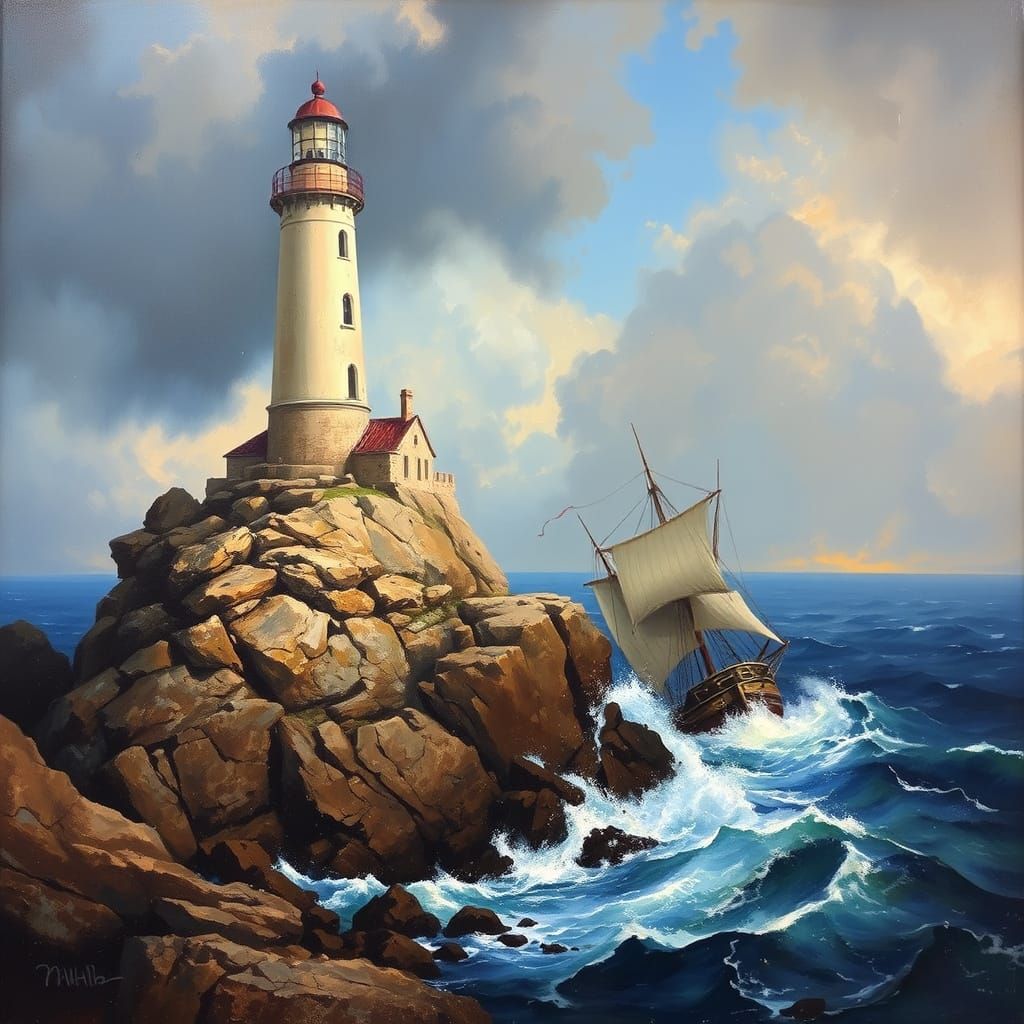 Stormy Lighthouse Scene as Detailed Oil Painting
