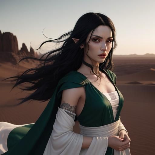 Half-Elf Street Dancer in Windswept Desert: Dark Fantasy