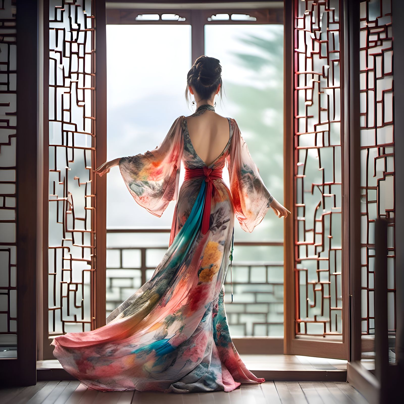 Chinese Woman in Flowing Dress Gazing Out Window