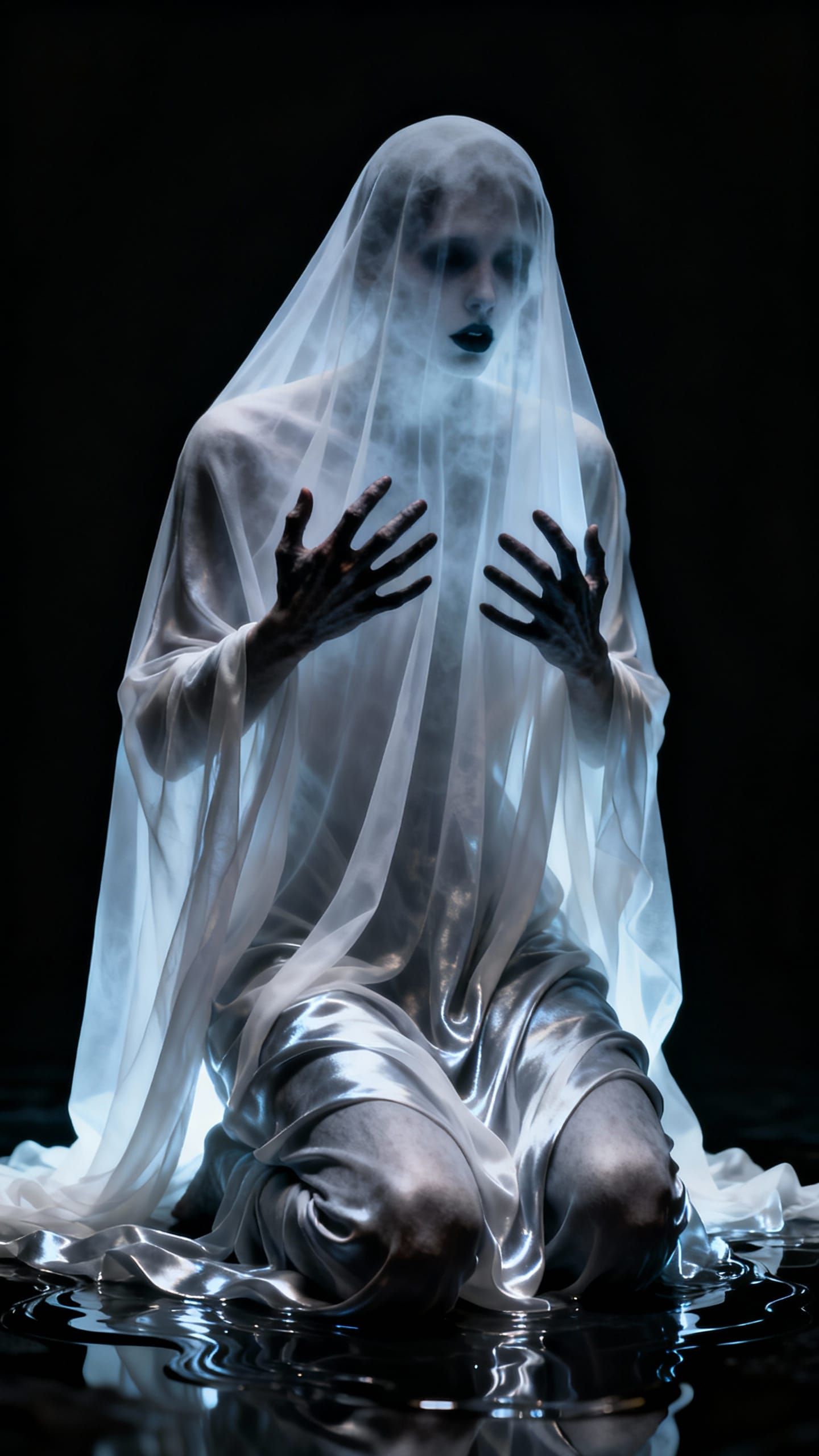 Spectral Figure Kneeling in Darkness as Masterpiece