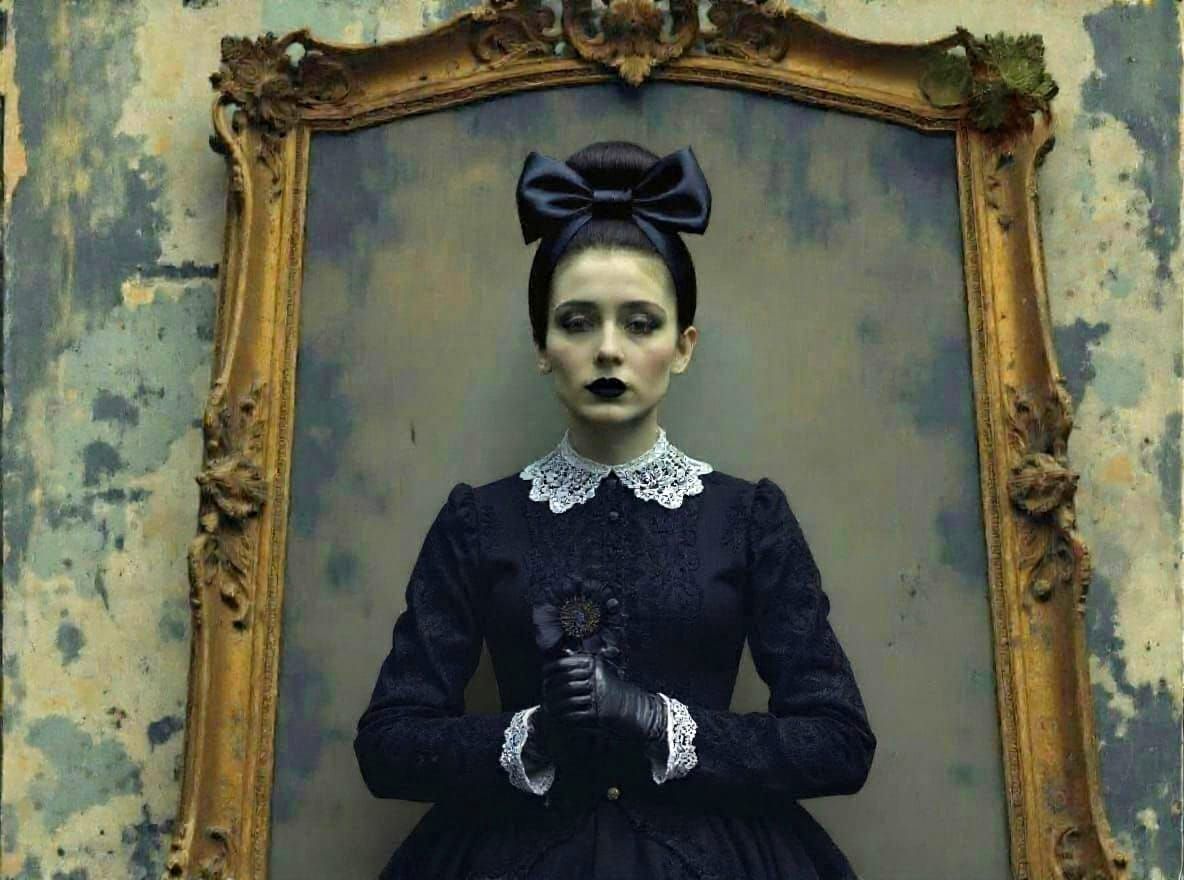 Goth Girl Portrait in Gilded Frame, Low Angle View