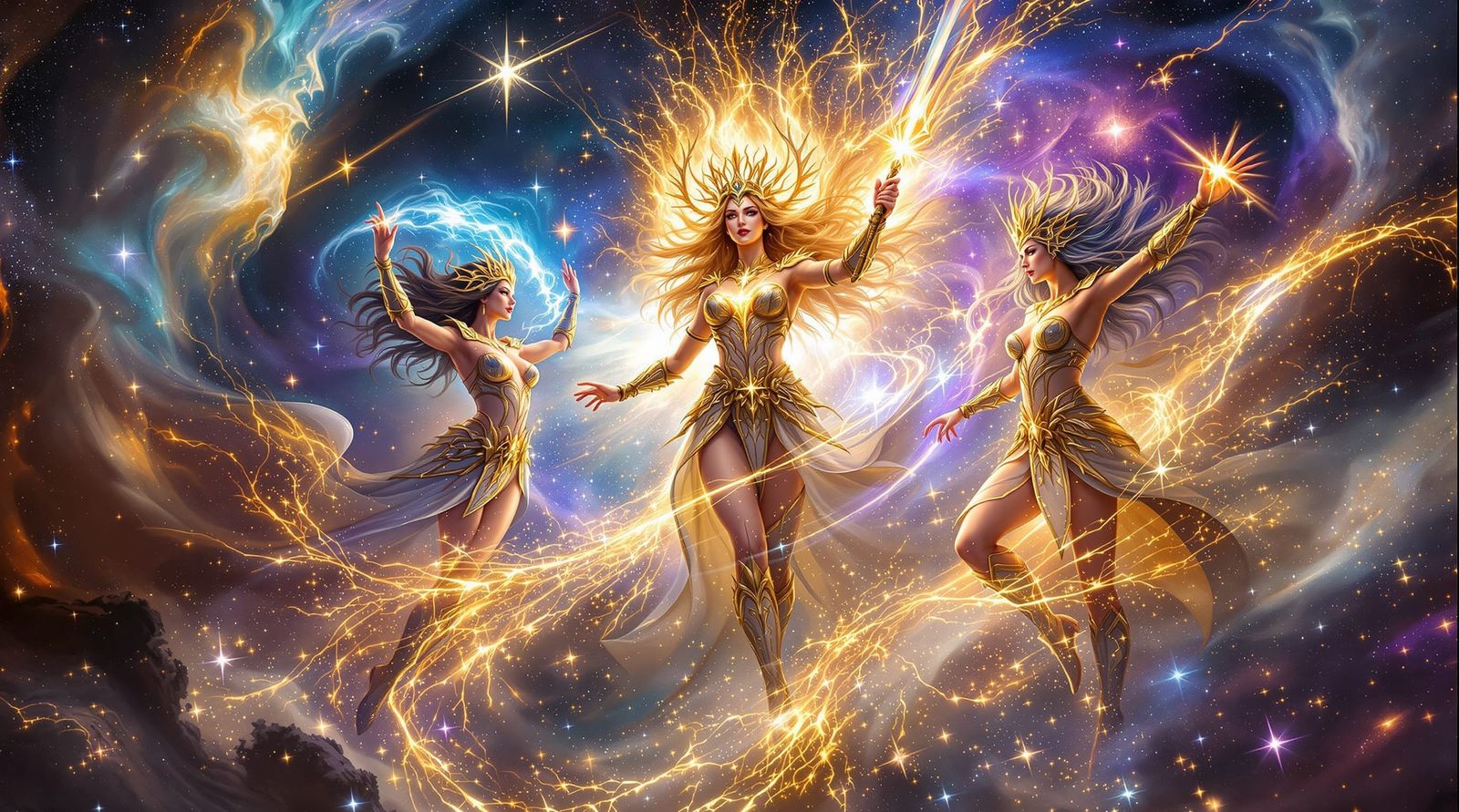 Divine Goddesses Clash in Cosmic Vortex