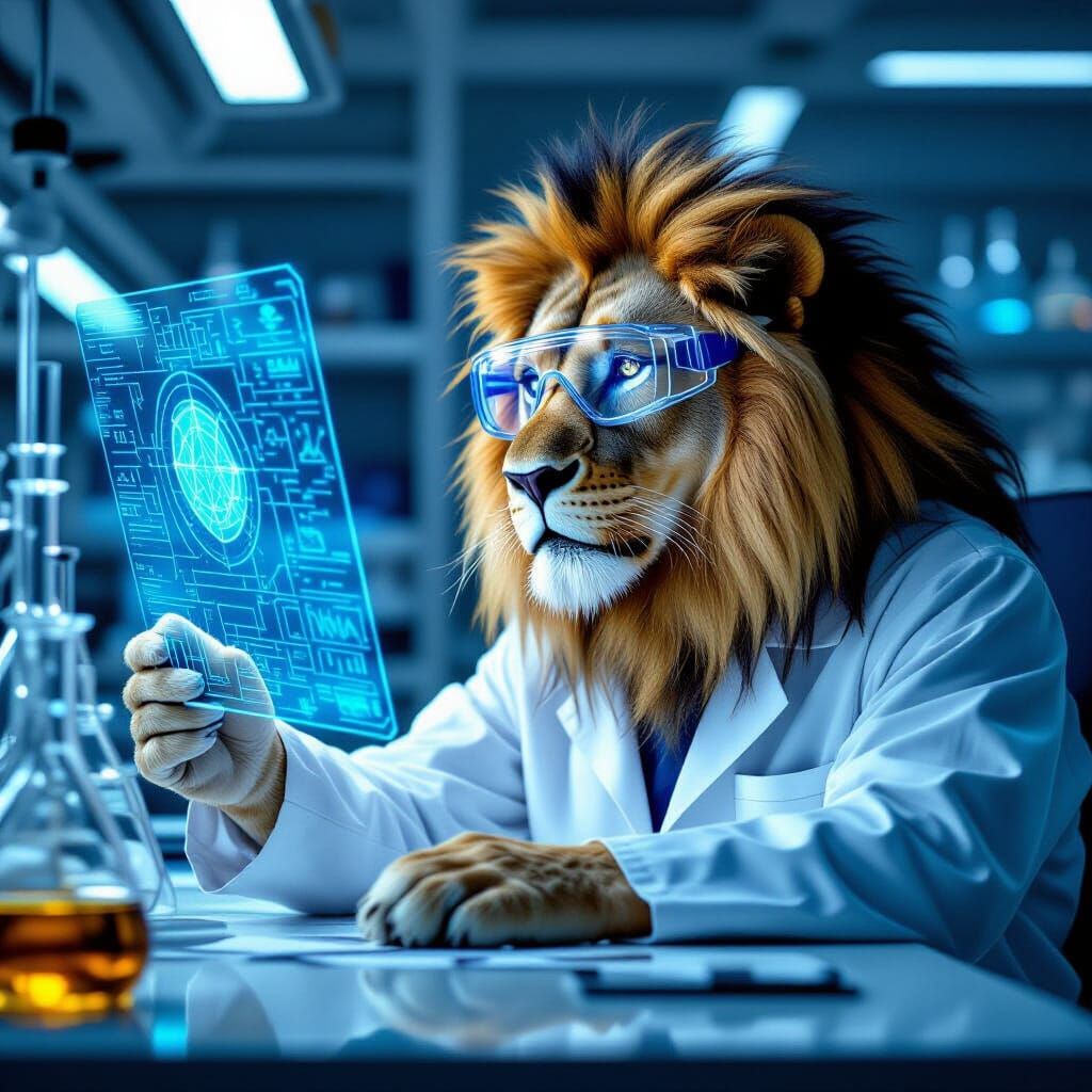 Lion Scientist in High-Tech Lab, Detailed Digital Art