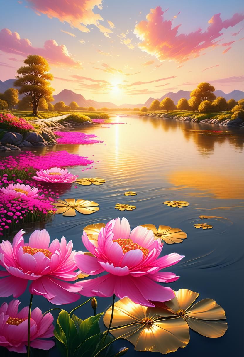 Stunning, very beautiful, bright landscape, a-fantasy-concept-painting-of-a-calm-river-in-gold-light-with-huge-pink-flow...