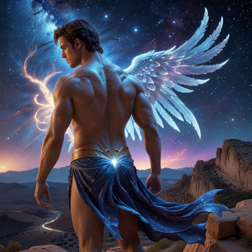 Muscular Angel Overlooks Milky Way with Lightning Bolt