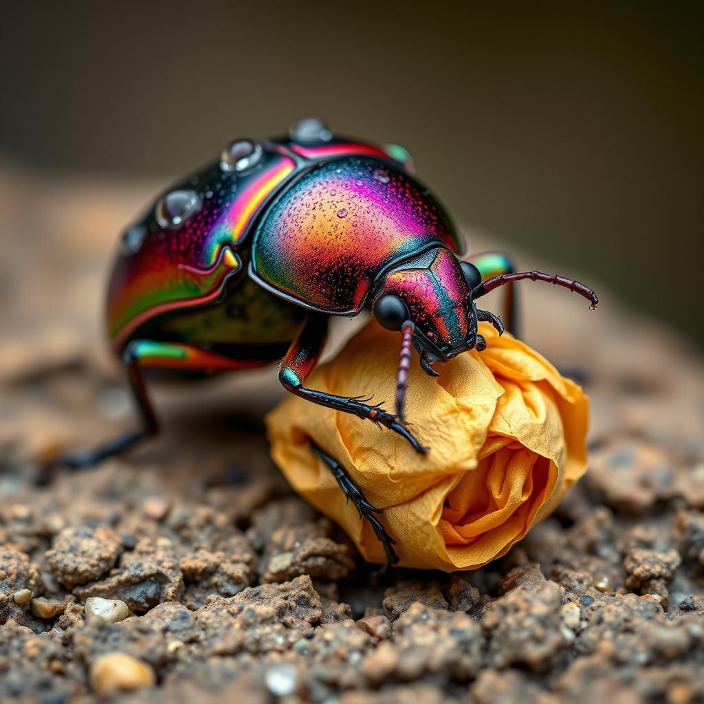 Beetle Rolls Crumpled Paper in Hyperrealistic Close-Up