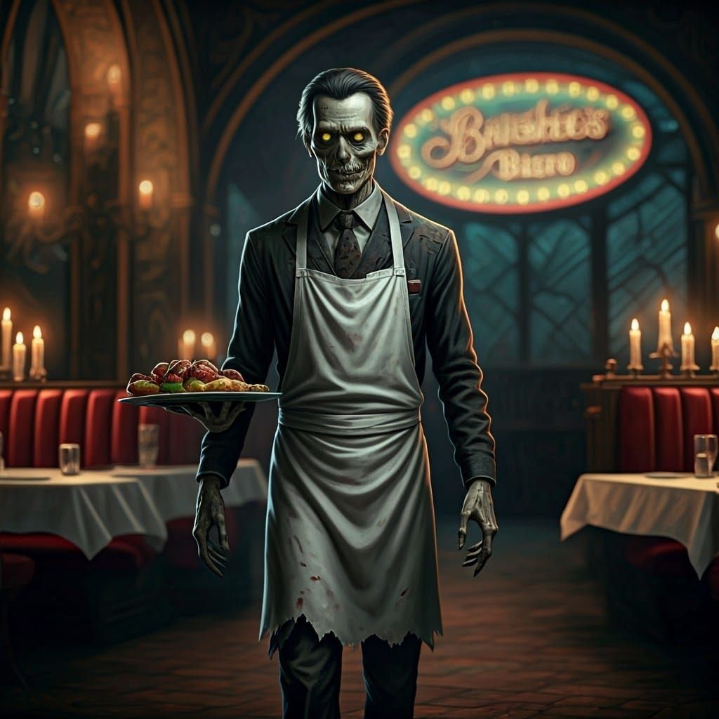 Zombie Waiter in Themed Restaurant: Macabre Elegance