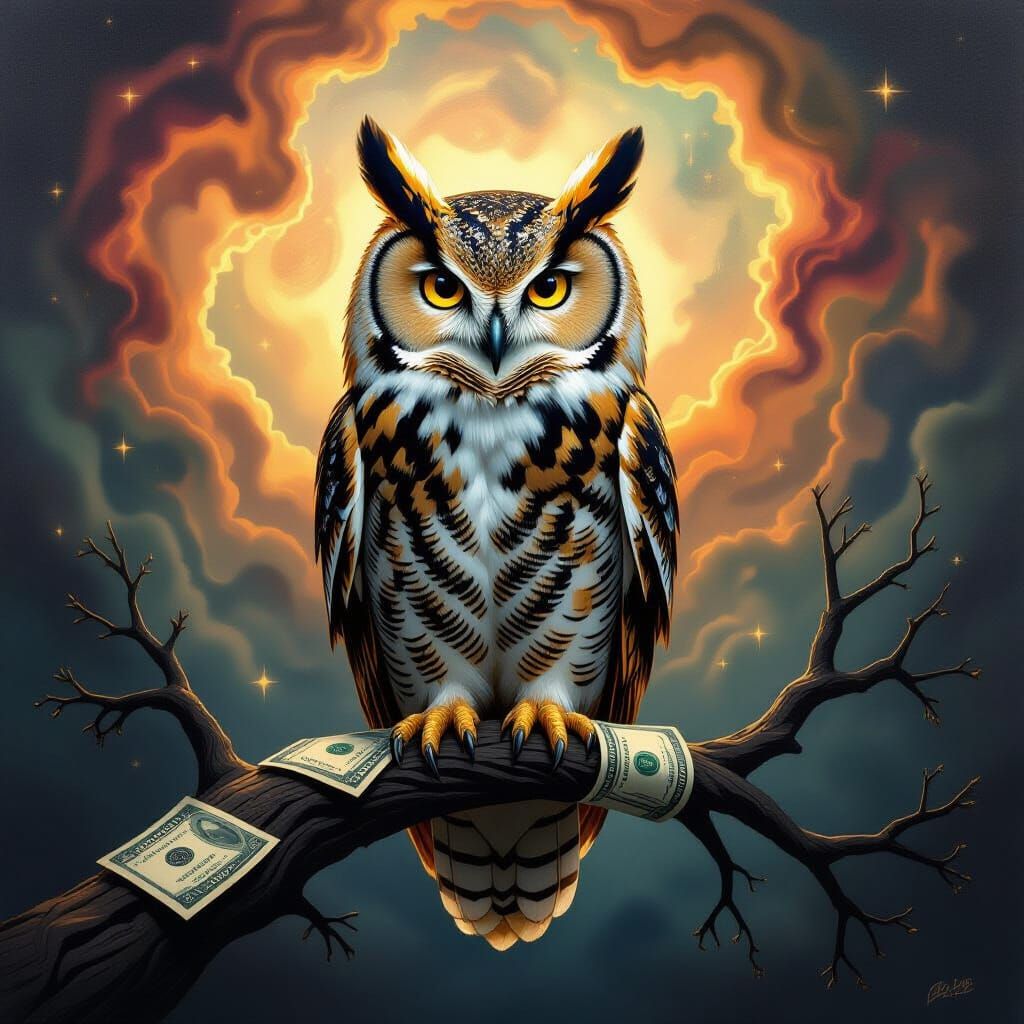 Golden Owl on Banknote Branch in Cosmic Nebula