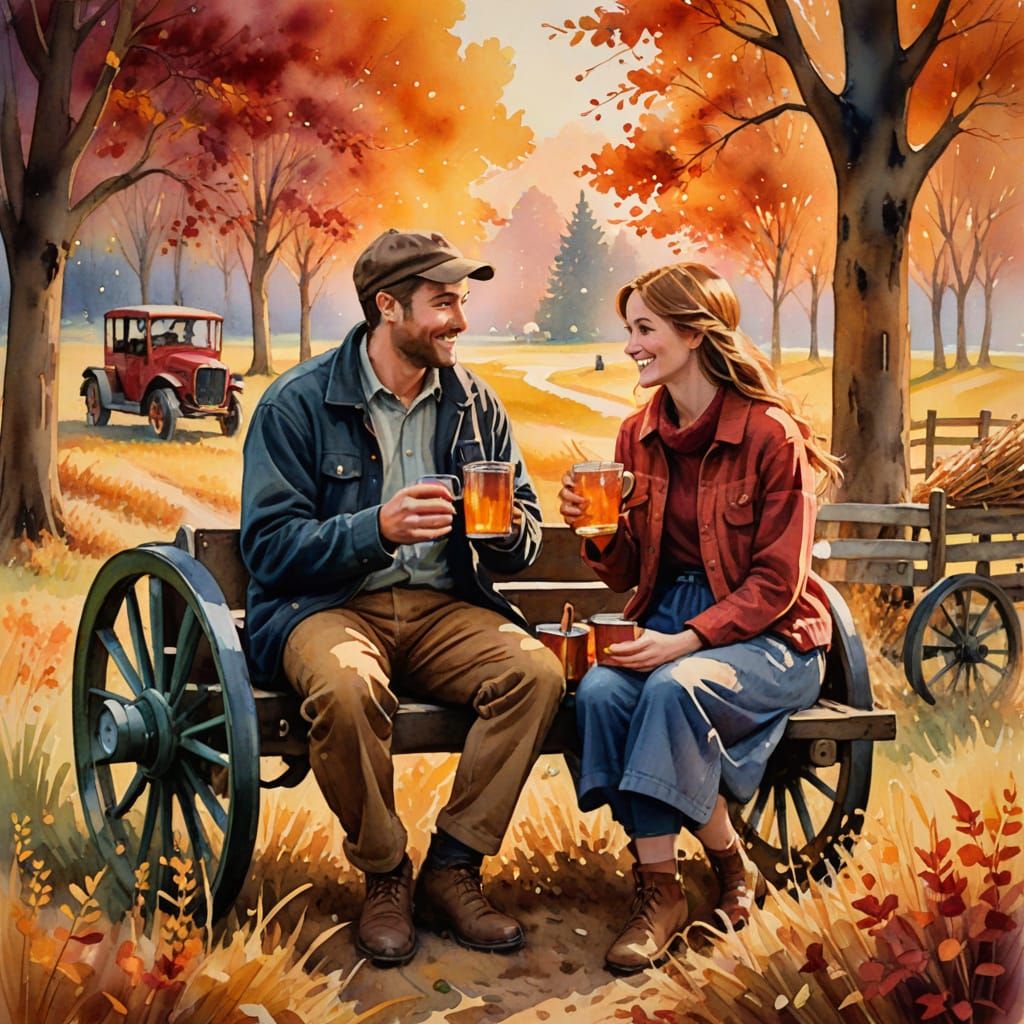Romantic Autumn Hayride in Watercolor Style
