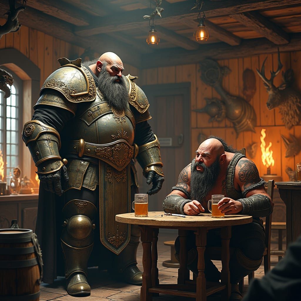 Goliath Cleric Reprimands Drunken Halfling in Raucous Tavern