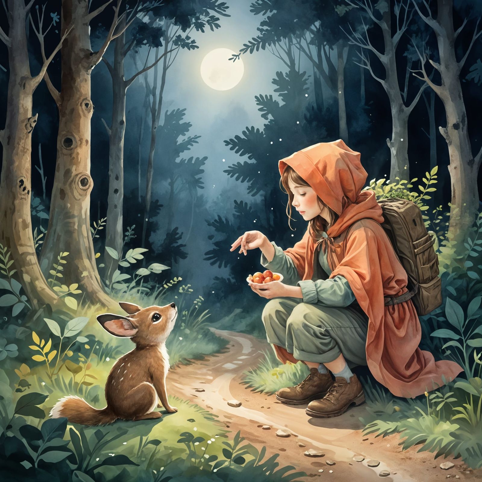Heartwarming Watercolor of Compassion on Forest Path