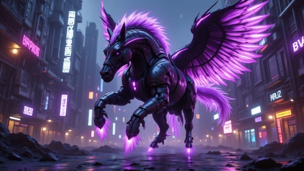 Cybernetic Horse with Wings in Dystopian Setting