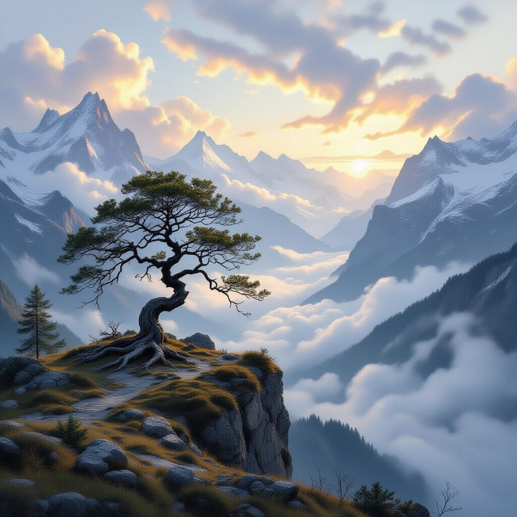Ancient Alpine Tree on Windswept Cliff at Dawn