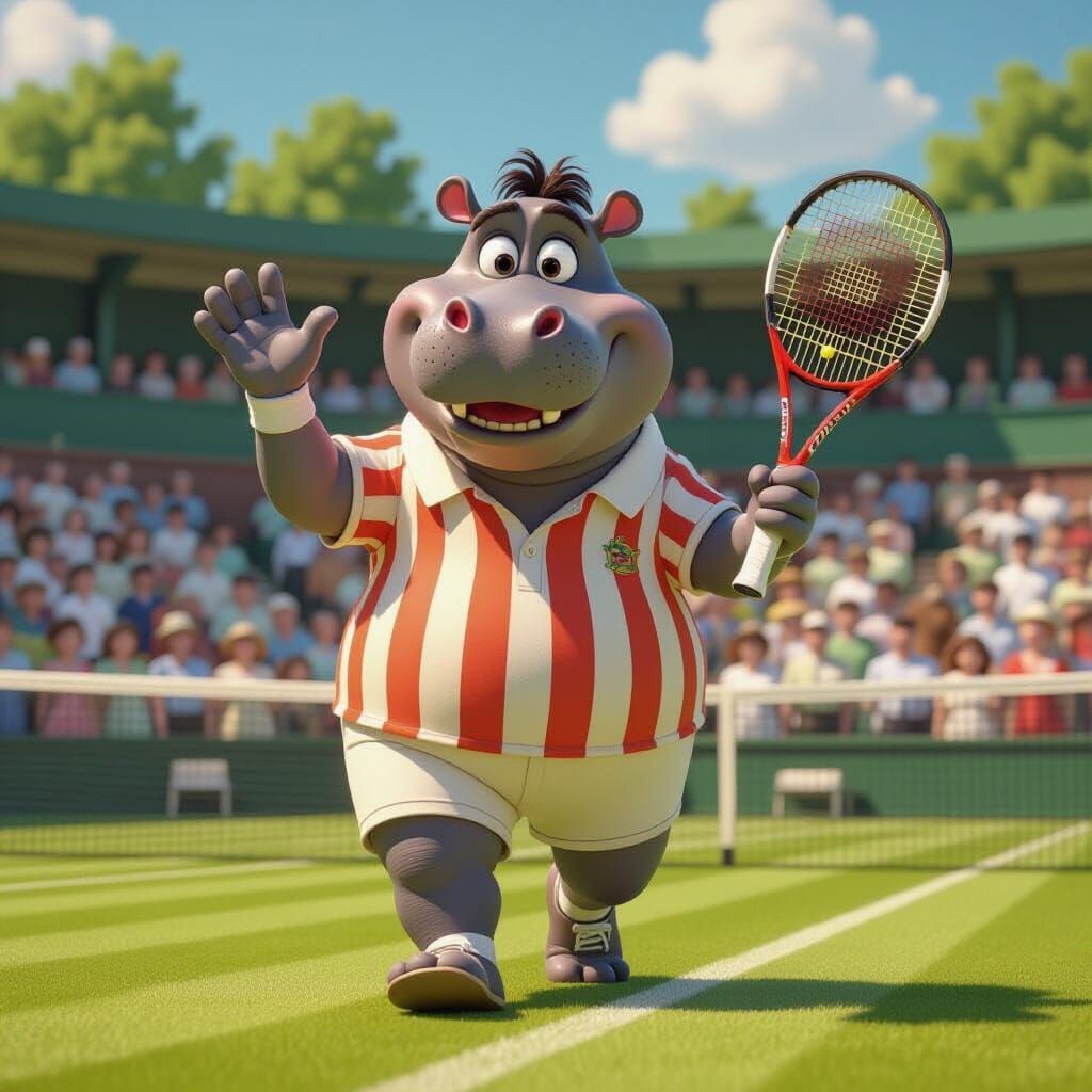 Cartoon Hippo Ready to Play Tennis at Wimbledon