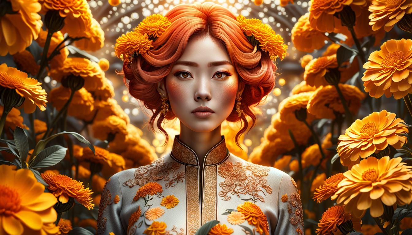 Beautiful Japanese Woman with Peach Hair and Marigolds