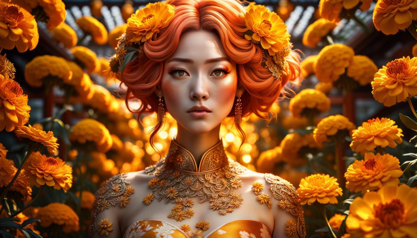 Beautiful Japanese Woman with Peach Hair and Marigolds