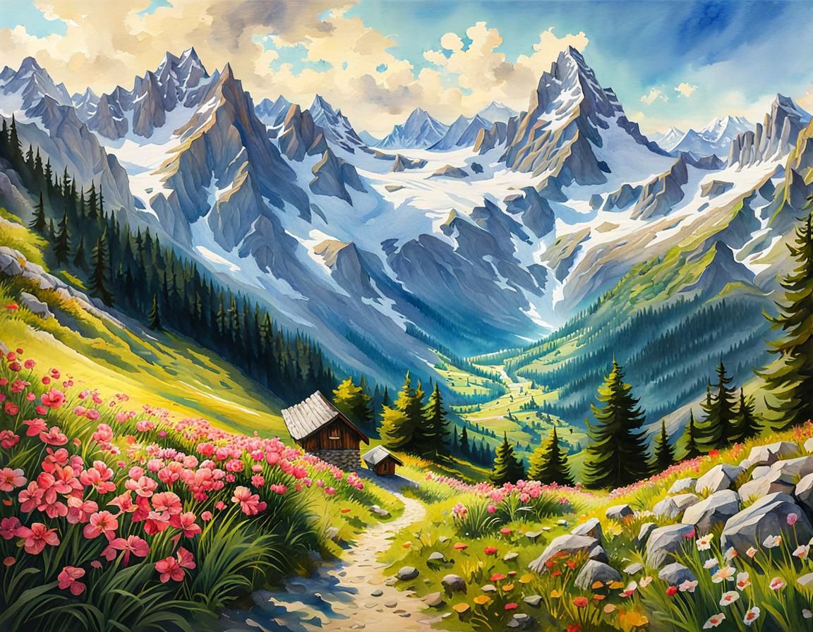 Swiss Alps Watercolor Landscape in Classic Style