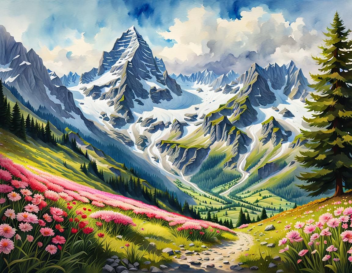 Swiss Alps Landscape in Watercolor Style