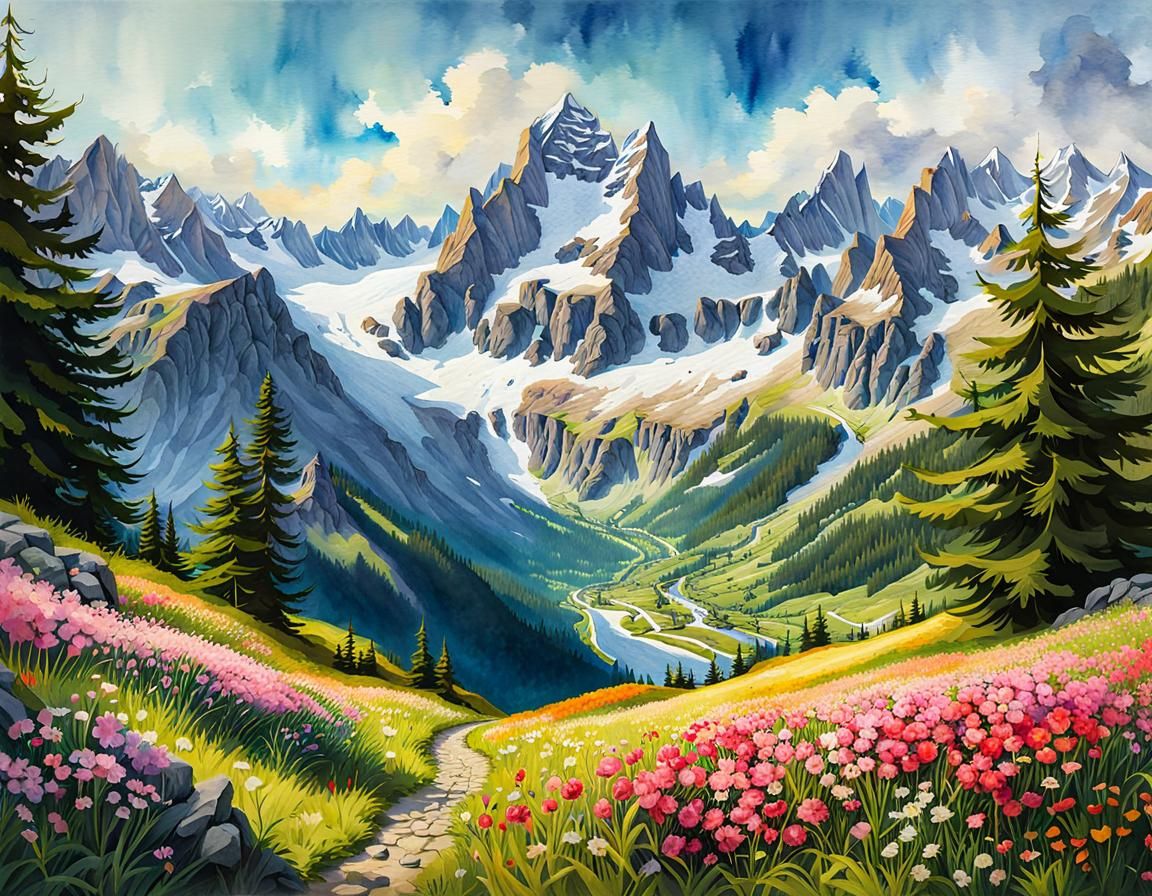 Swiss Alps Landscape in Watercolor Style