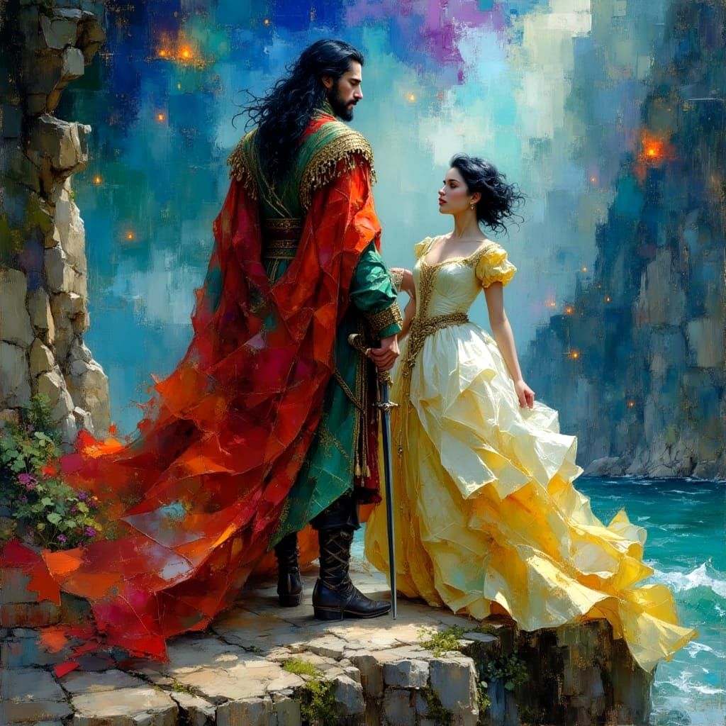 Pirate King and Queen on Ship, Impasto Oil Painting