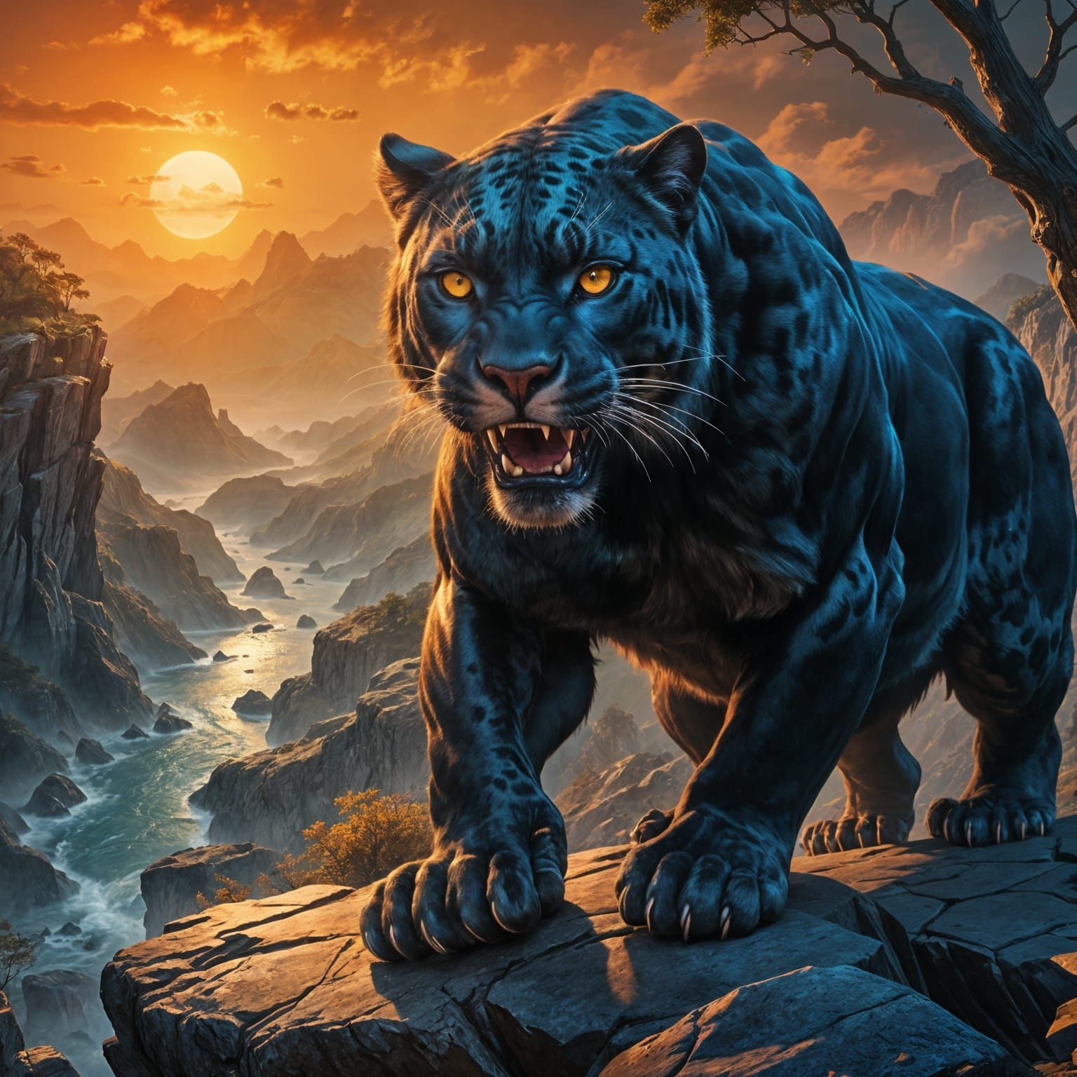 Ferocious Panther on a Cliff: Detailed Matte Painting