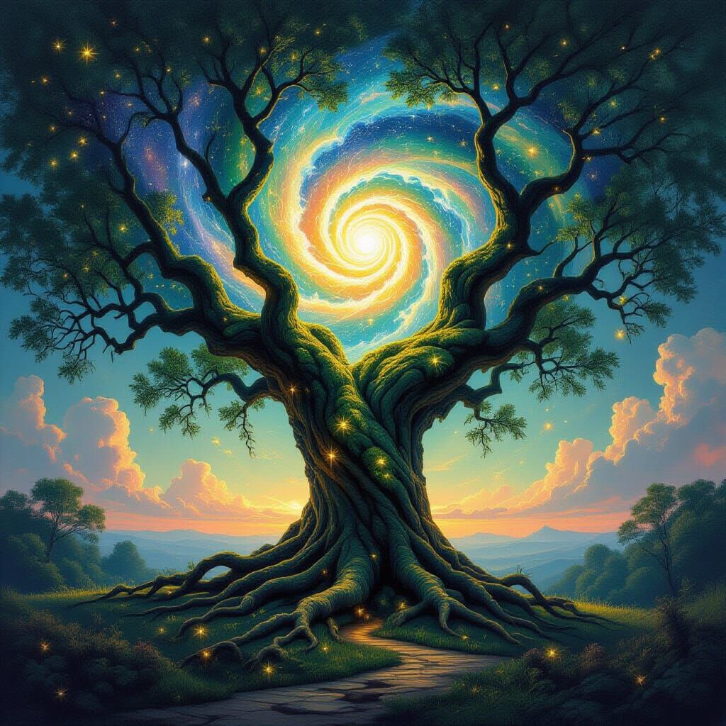Ancient Tree Rooted in Stardust Vortex, Oil Painting