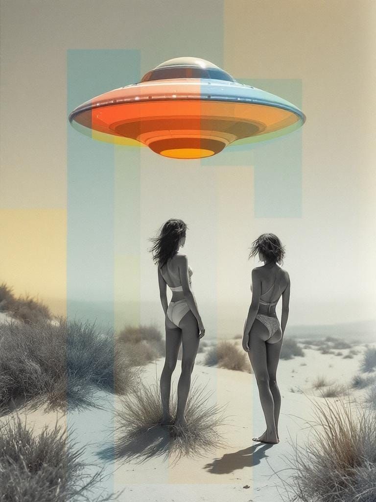 Women on Dune Stare at UFO in Abstract Expressionist Style