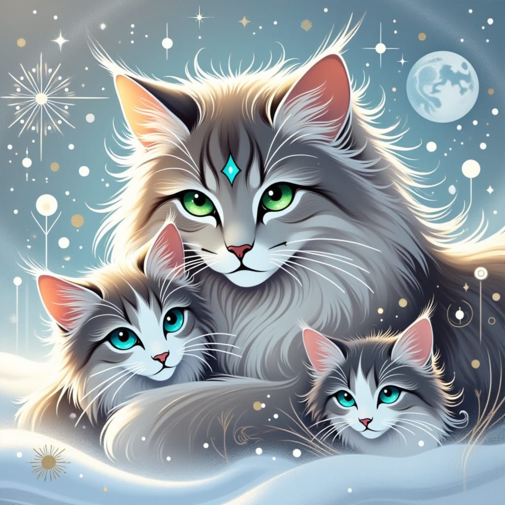 Wild Grey Pallas Cat Cuddles Kittens in Frosty Winter Landsc...