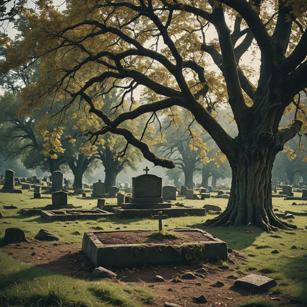 Grave Below Tree: Cinematic Countryside Scene