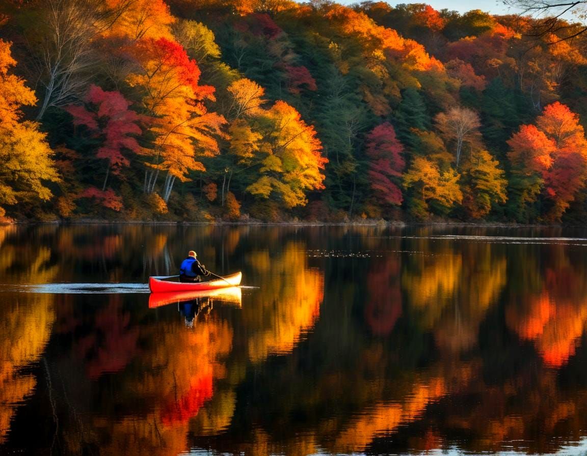 Autumn Canoeist on Van Cortlandt Lake at Sunset