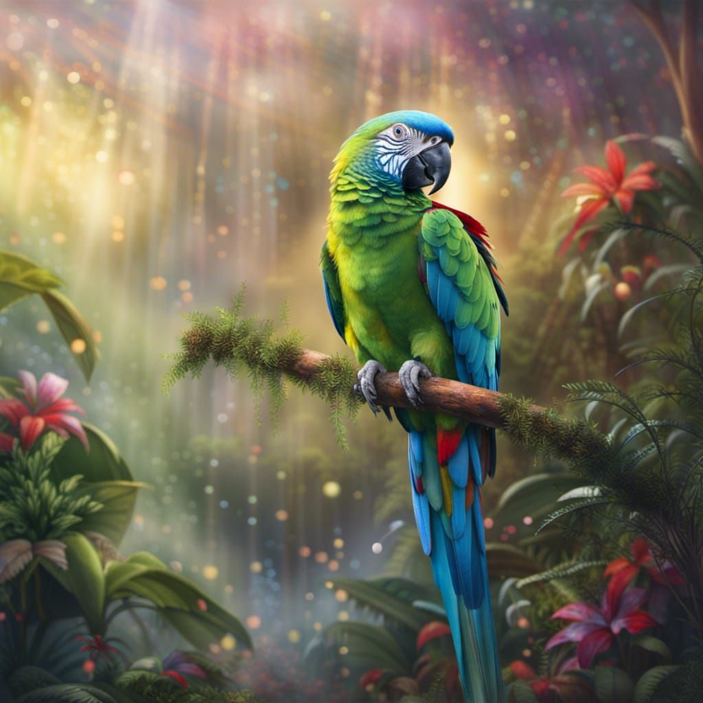 Colorful Parrot Portrait in Ethereal Jungle Mist