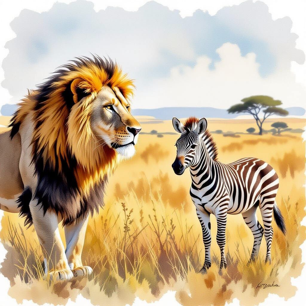 Lion Watching Zebra in Savanna, Realistic Watercolor Style