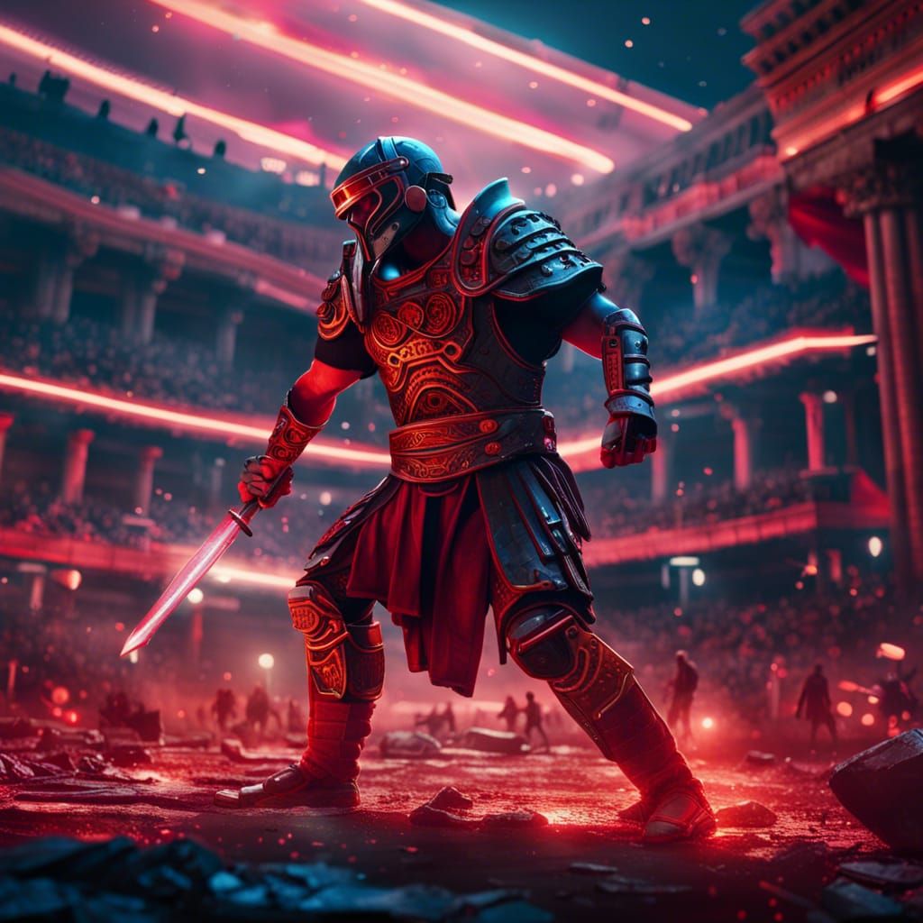 Cybergladiator Fight in Roman Arena: Cyberpunk Art
