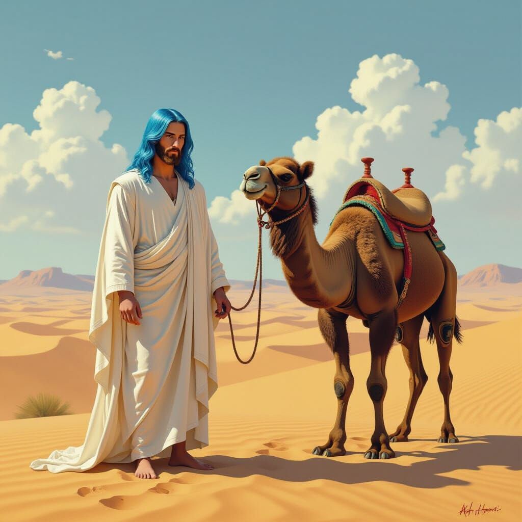 Jesus with Blue Hair in Desert Landscape