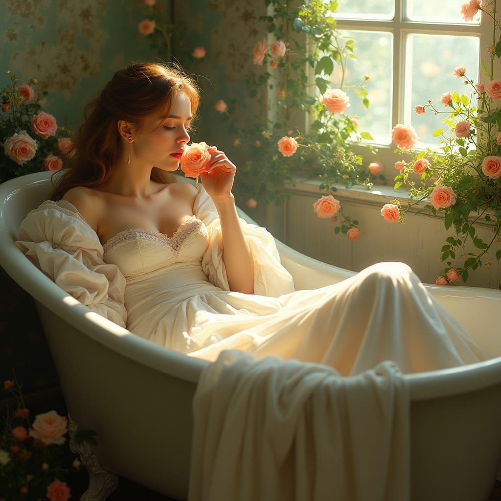 Woman in Floral Tub, Art Nouveau Style