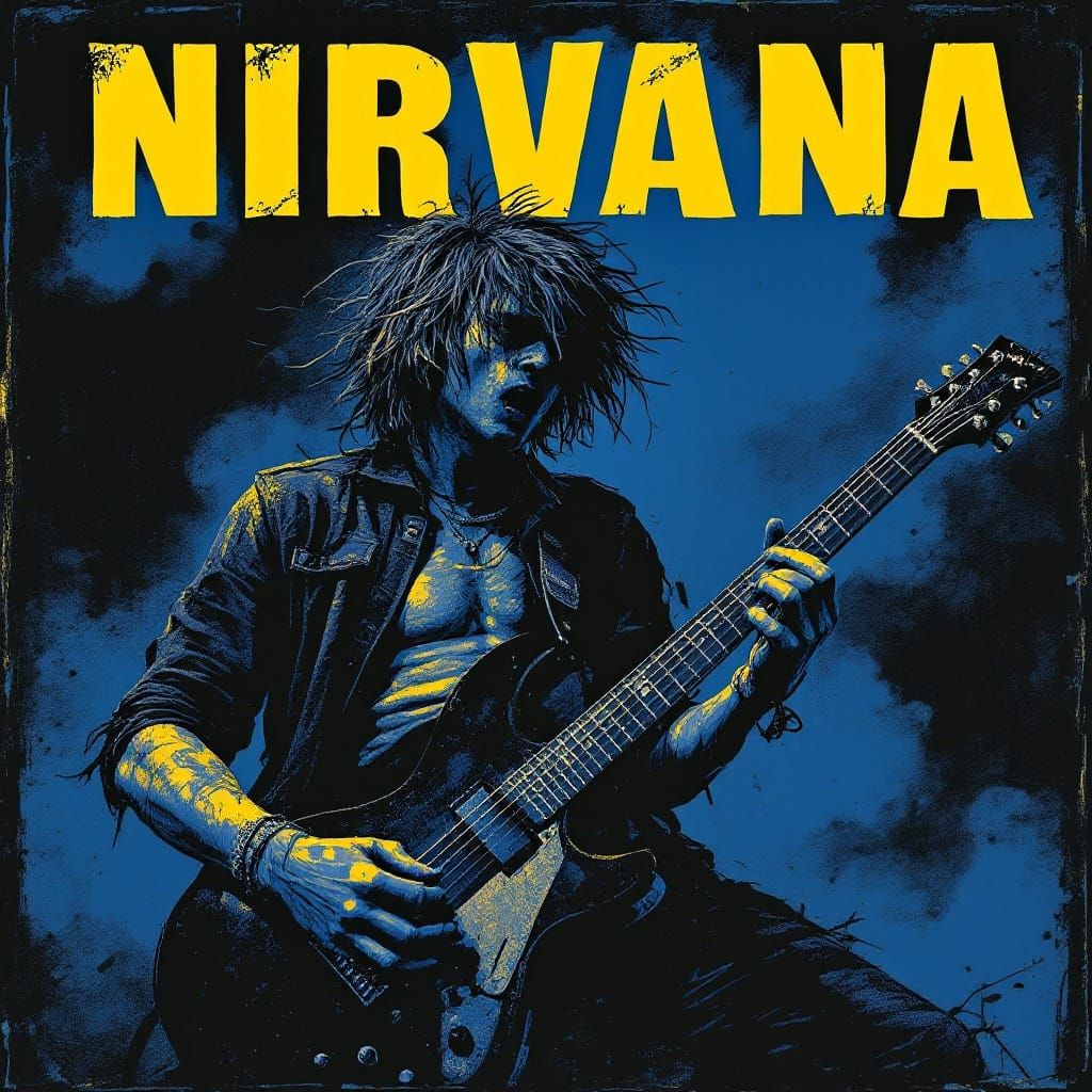 Distressed Nirvana Guitarist in Gritty Grunge Aesthetic
